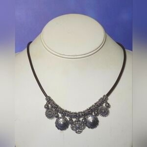 👍5 For $20 Chaps Silver Tone Charm Brown Cord Necklace